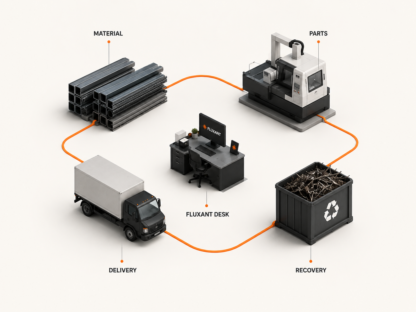 Fluxant manufacturing loop — Material, Parts, Delivery, Recovery connected through one desk